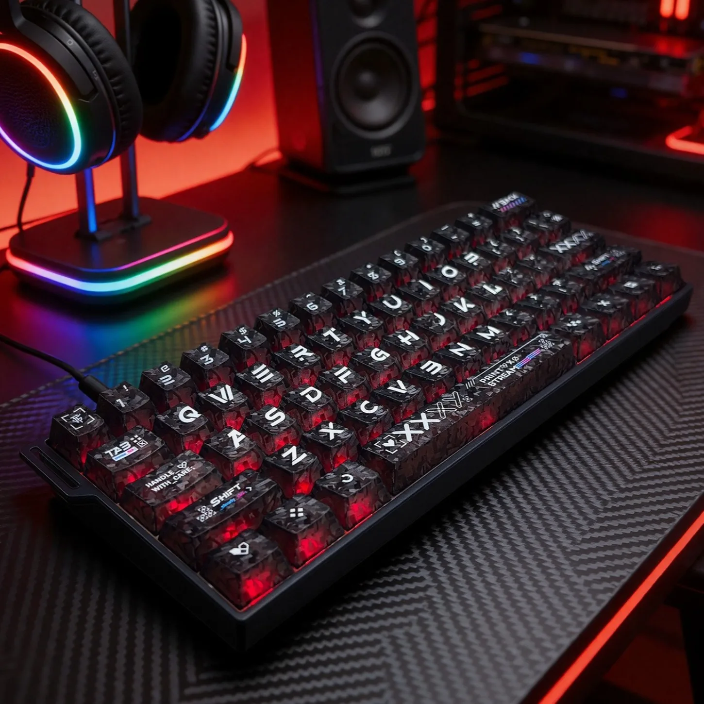 Black and White Printed Carbon Fiber Texture Cherry Keycaps with 136 Keys for English/Japanese/Russian/Korean Keycaps Selection