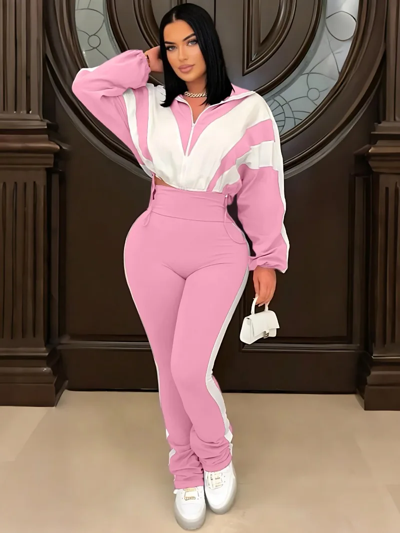 

2025 Осенние цветные лоскутные спортивные костюмы женские повседневные комплекты из 2 предметов с длинными рукавами на молнии толстовки укороченные топы + брючный костюм с высокой талией