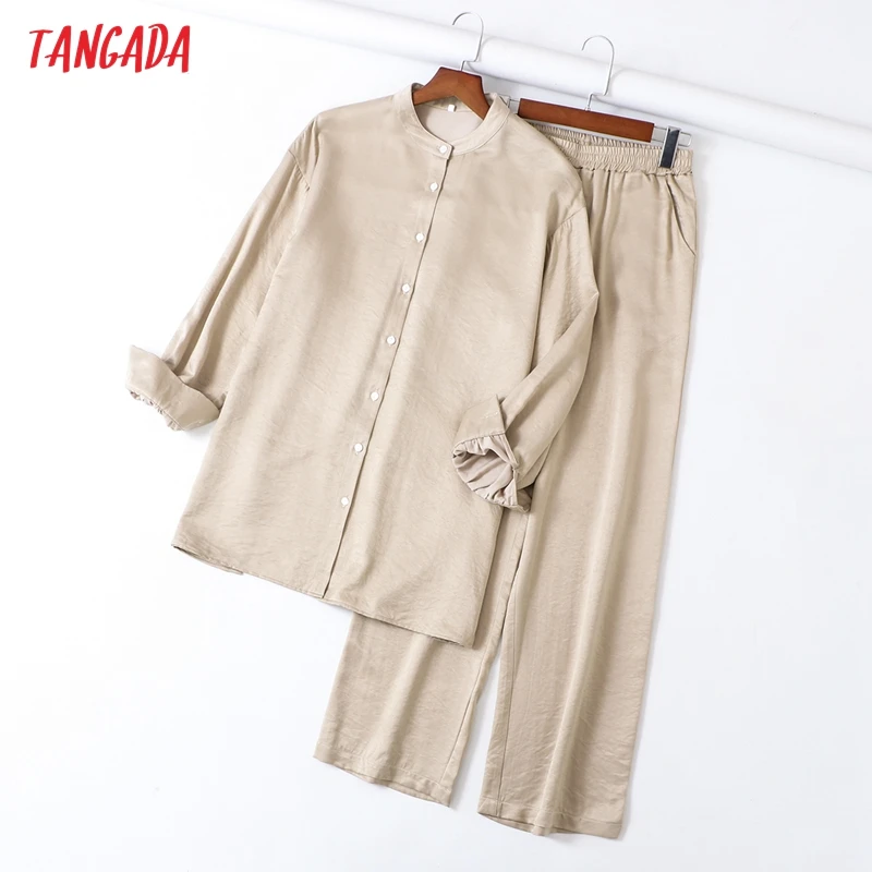 Tangada 2022 Women Tracksuit Sets Oversized Blouse and Wide Leg Pants 2 Pieces Sets High Quality Sets 6L40