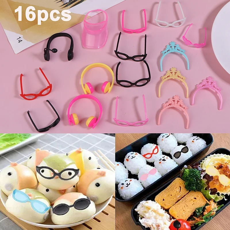 16Pcs/Set Bento Decoration Tool Mini Color Glasses Headband Headset Lunch Box Decor Food Glasses Headwear Bento Toppers