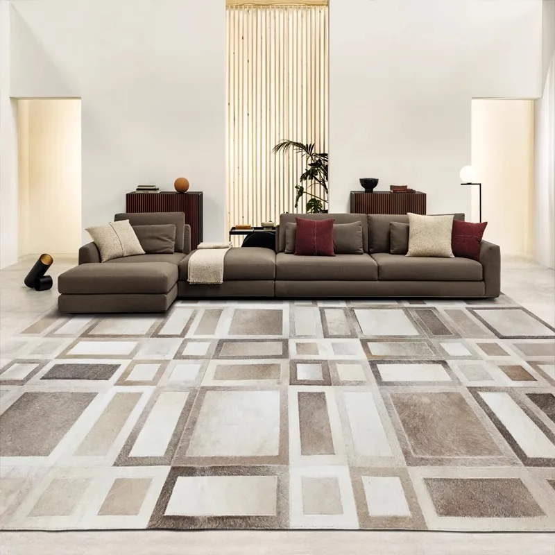 Europe Style Living Room Carpet Real Cowhide Modern Area Rug Geometric Patchwork Large Villa Floor Mat Luxury Bedroom Carpet Mat