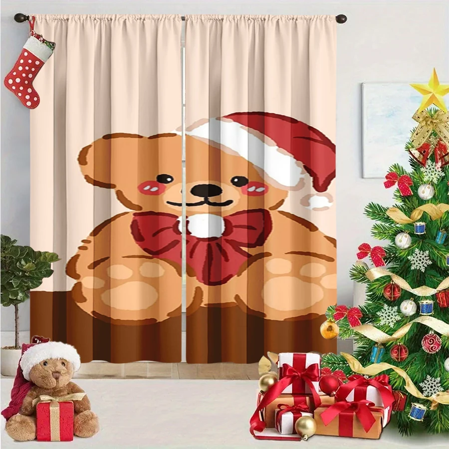 2PCS Christmas Winter Curtains, Beige Cartoon Teddy Bear Santa Hat Bow, Digital Print, Bedroom Living Room, Home Decor