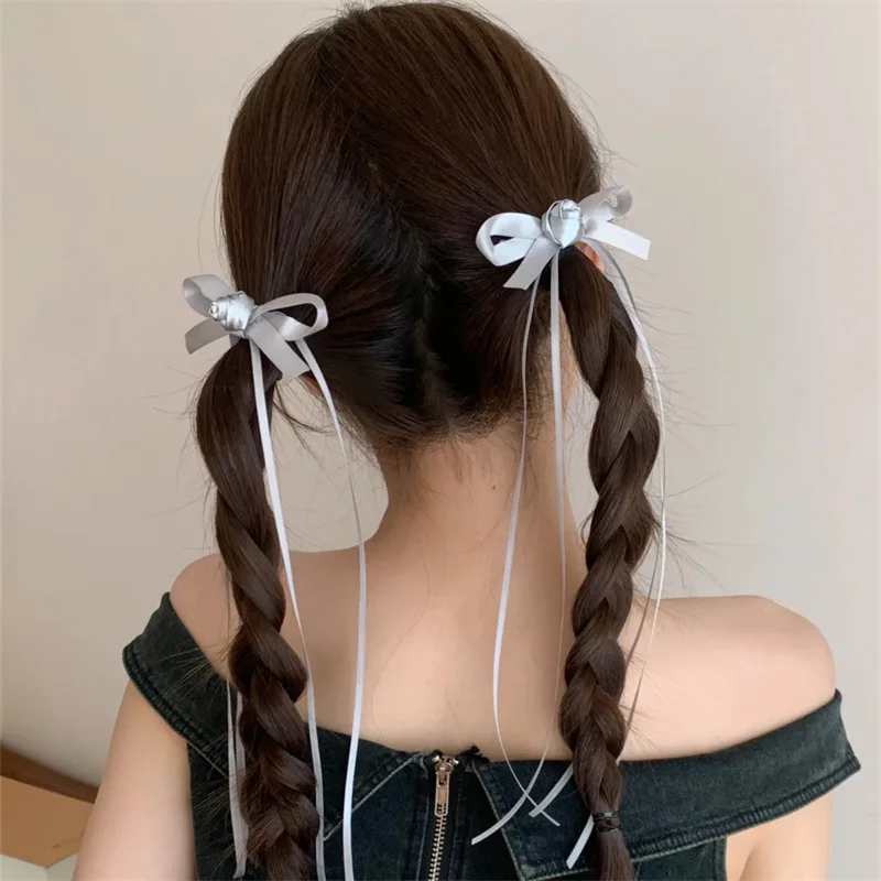 Women's Hair Tie Sweet Ballet Style Silver Flower Bow Streamer Hair Clip  Double Ponytail Headwear Small Clip Hair Accessories