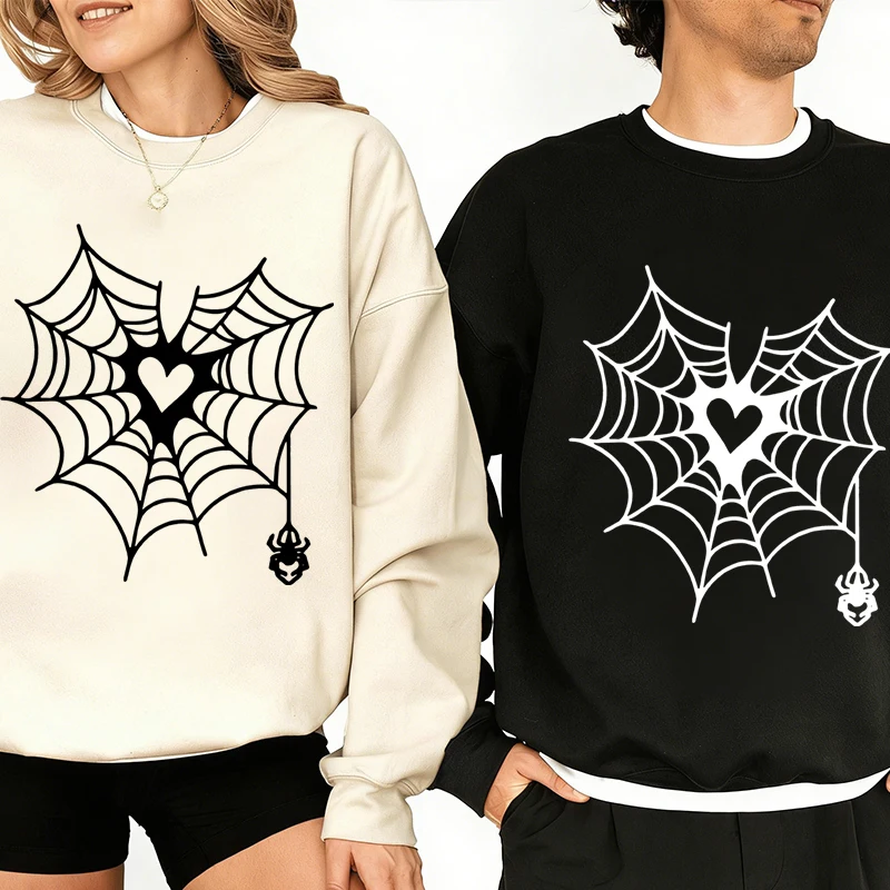 

Spider Silk Print Couple Crew Neck Long Sleeve Sweatshirt Women Men Vintage Spider Graphic Pullover Casual Lovers Sudaderas