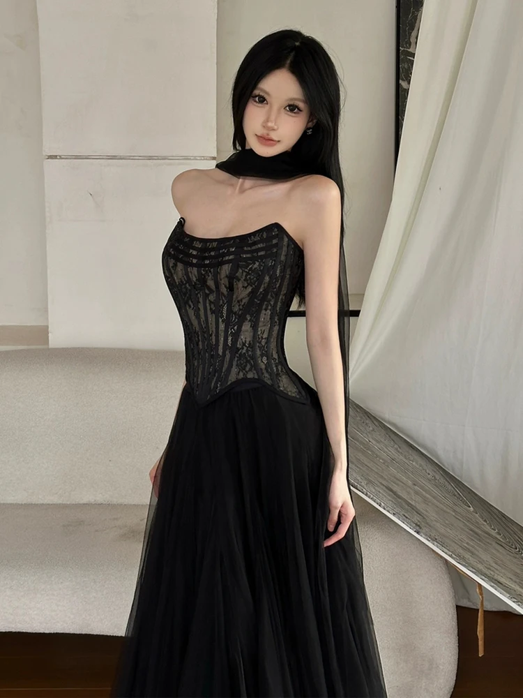 RORORIRI Retro Boned Corset Long Skirt Women 2-piece Set Sheer Lace Lace-up Crop Top Solid Puffy Mesh Tutu Evening Party Clothes