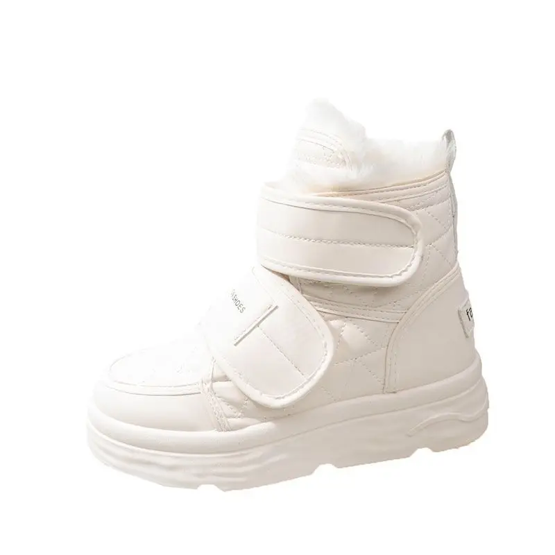 Botines-Bottes de neige en fourrure blanche pour femmes, chaussures en coton rembourré, bottes d'optique chaudes, bottes de rinçage courtes en peluche, chaussures d'hiver