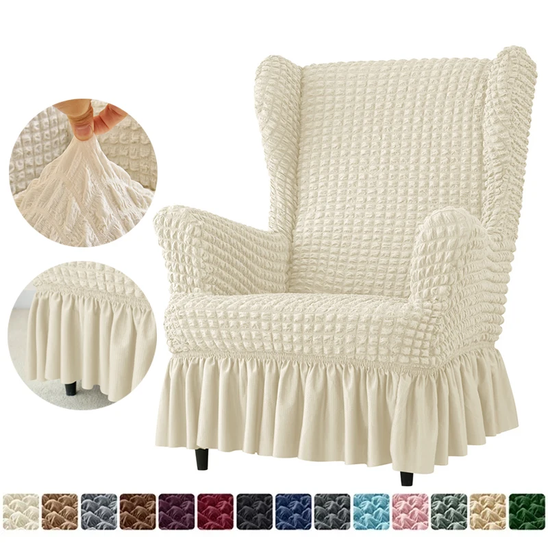 

1PC Seersucker Wing Chair Cover Stretch Wingback Sofa Covers Solid Color King Armchair Slipcover with Cushion Cover Home Decor