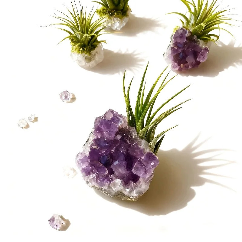 Pineapple crystal potted plant, natural amethyst crystal cluster with artificial plants, fun desktop decoration, holiday gift