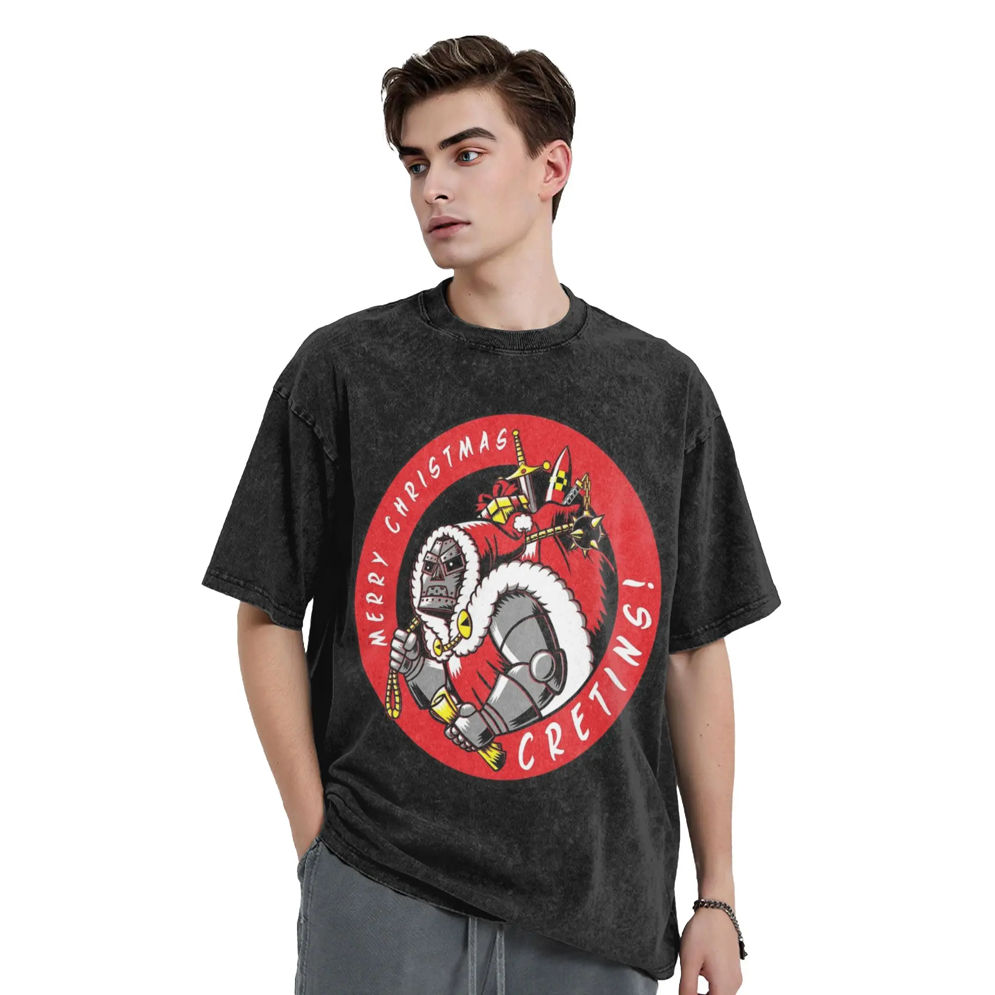 Dr Dooms Comics Merry Christmas Washed T Shirt Streetwear Vintage T-Shirts  Tee Shirt Men Women Cotton High Street Summer