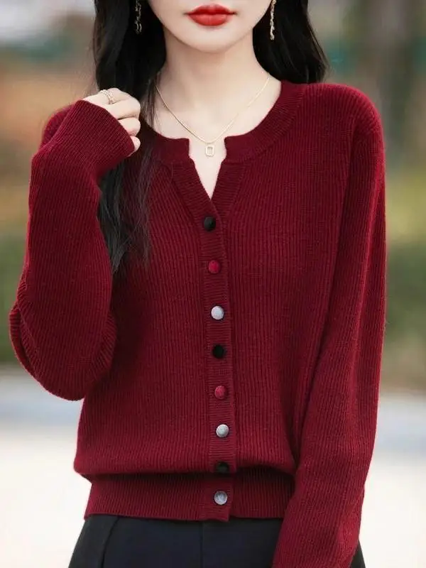 Women's Knitted Sweater Autumn Winter Short Sleeve Long Sleeve Cardigan Pure Color Button up Top Korean Style Loose Fit Knitwear