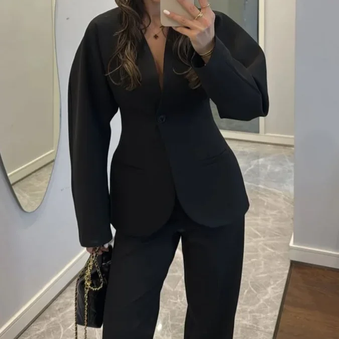 2025 New Women Black V Neck Waist Tie Pants Suit Professional Office Commute Elegant Business Formal Wear Premium Outfit