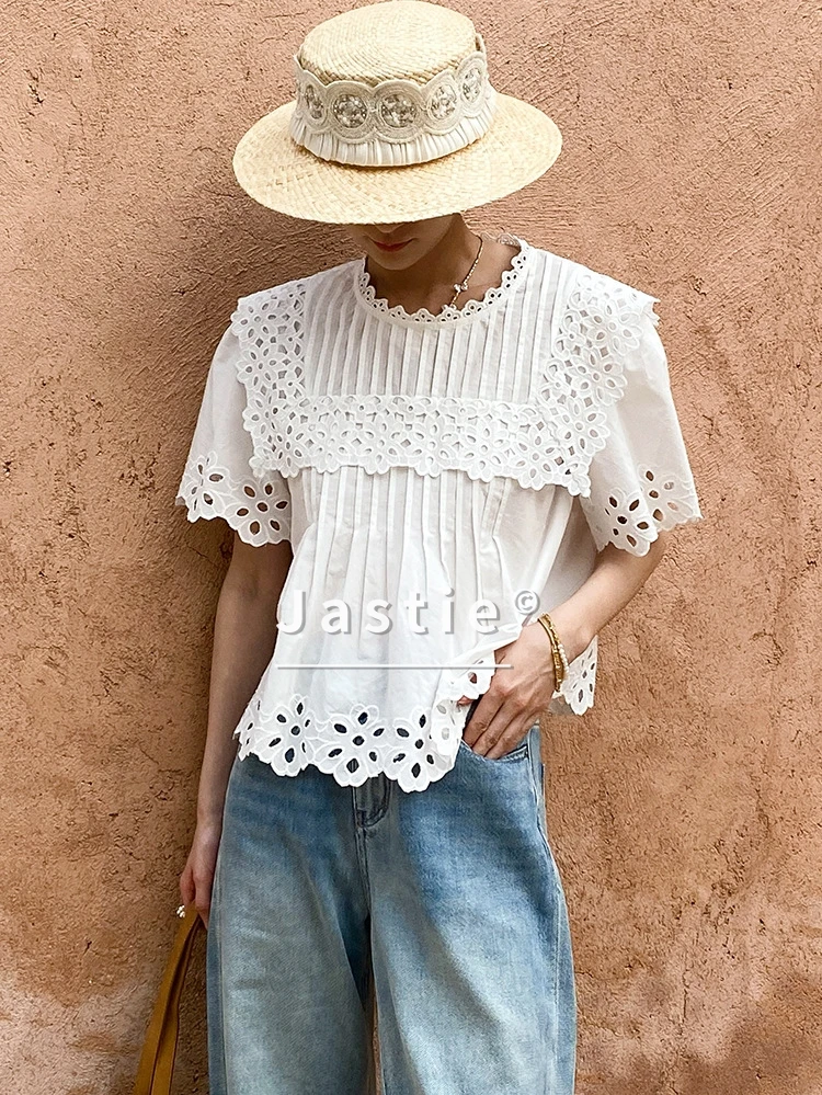 Luxury Eyelet Embroidery Blouse Women Elegant Pintuck Hollow Out Cotton Shirt Scalloped Short Sleeve Bohemian Beach Tops Blusa