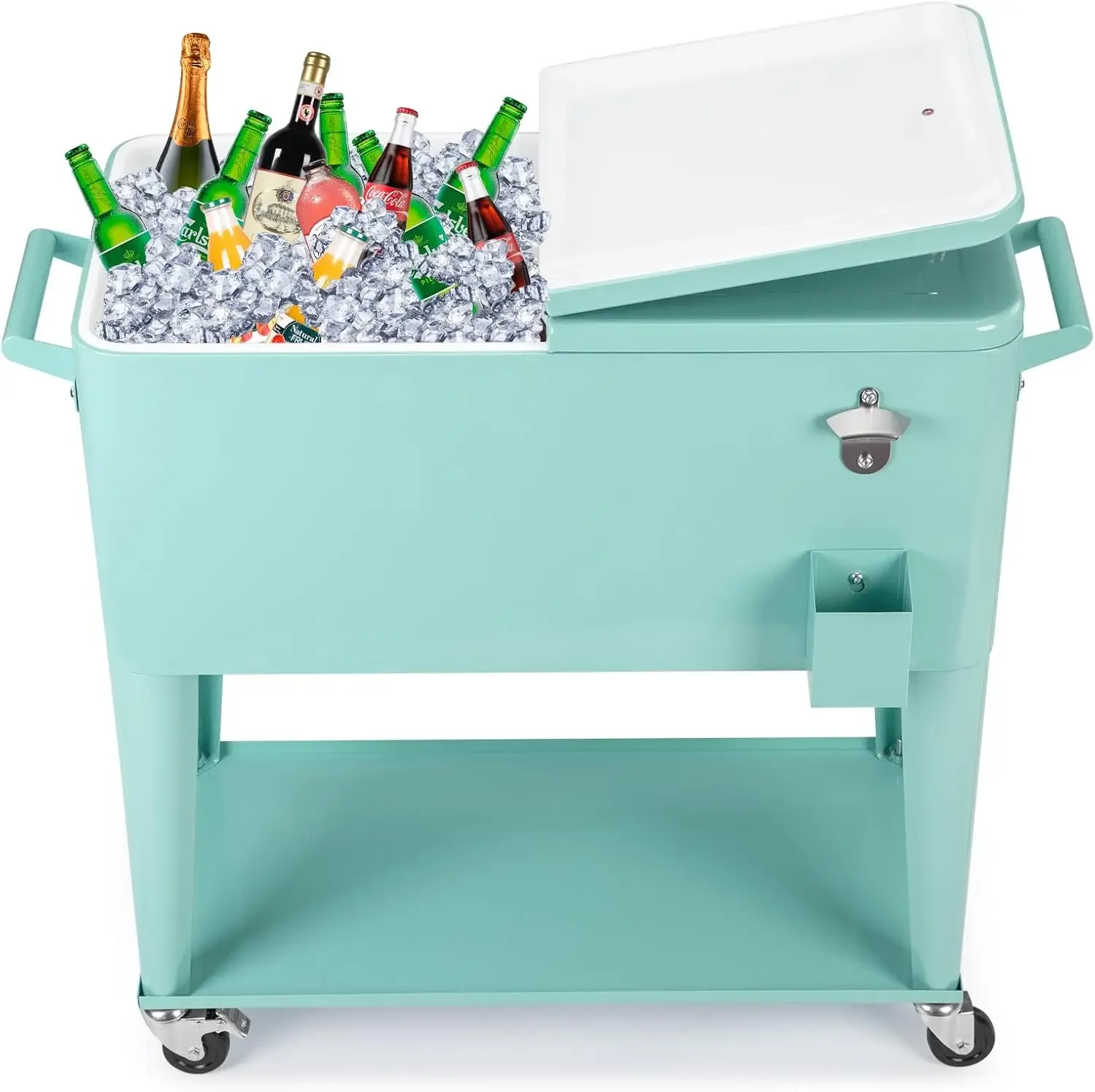 Rolling Cooler Cart, 80qt Outdoor Cooler with Wheels, Protable Patio on Wheels with Storage Shelf, Bottle Opener, Patio