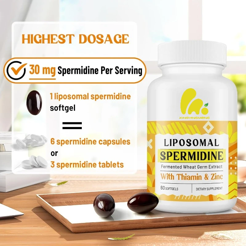 30mg spermidine supplement, liposome spermidine, fermented wheat germ extract, cell renewal, anti-aging, 60 softgel capsules