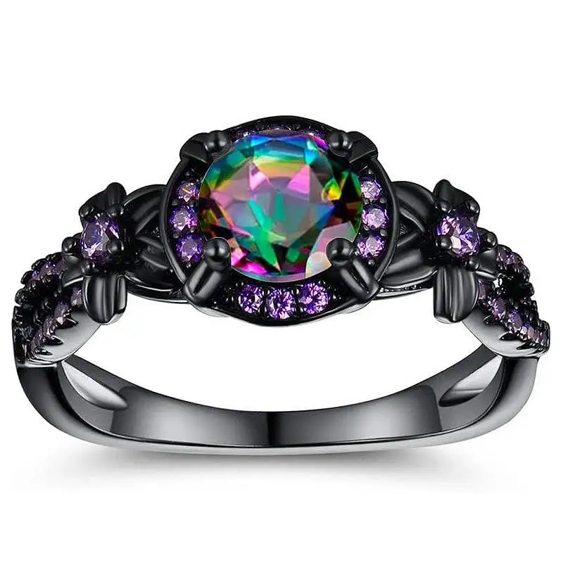 Huita Damenring im besonderen Stil, schwarz, mit eingelegtem, leuchtendem Regenbogen-Zirkonia, trendiges Party-Accessoire für Damen, Vintage-Chic-Schmuck