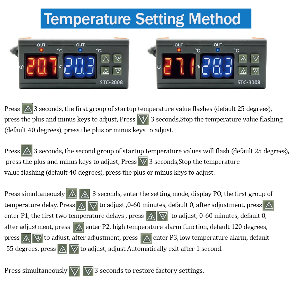 STC-3008, podwójny cyfrowy regulator temperatury, dwa wyjście przekaźnikowe, DC 12V, DC 24V, ac 220V, termoregulator, termostat z grzałką