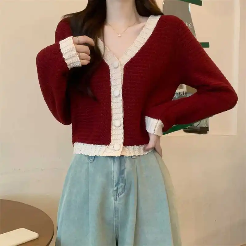 V-neck Knitting Cardigan Women Autumn Winter Casual Slim Solid Color Long Sleeve Sweater All-match Office Lady Knitwear Tops