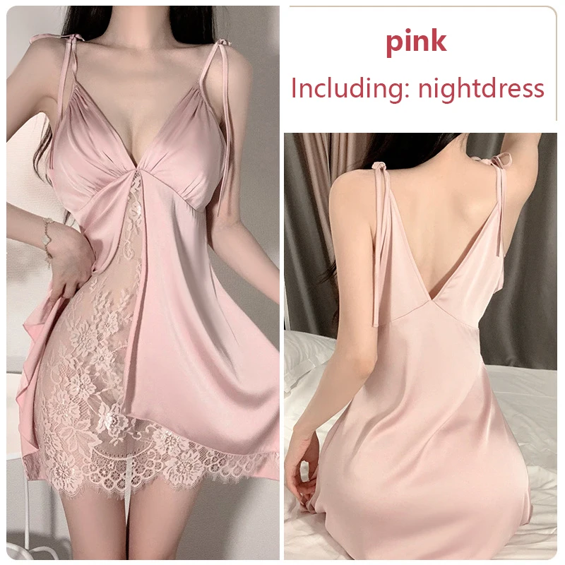 Sexy Women\'s Pajamas Satin Deep-V Silky Open Front Split Nightwear Transparent Lace Chest-cushion Suspender Nightdress Home Suit