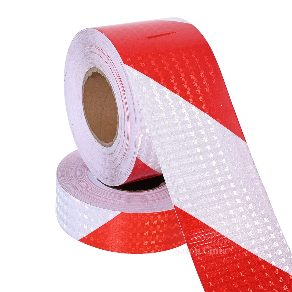 10cm x 10m rosso bianco sinistra destra strisce Shinny riflettore adesivi segnale di avvertimento visibilità nastri di marcatura riflettenti per la