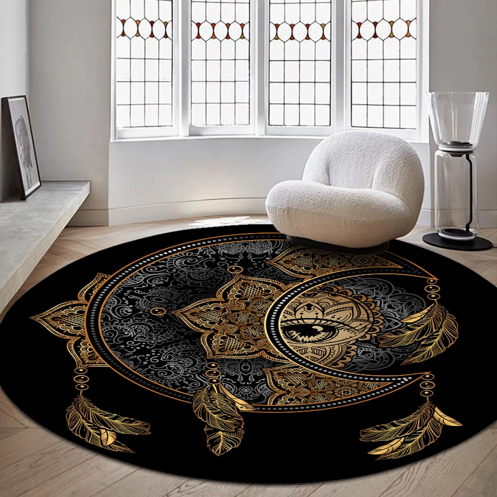 Golden Moon Star Round Rug House Sofa Carpet Home Living Room Bedroom Bathroom Floor Mats Feather Demon Eyes Area Soft Round Rug