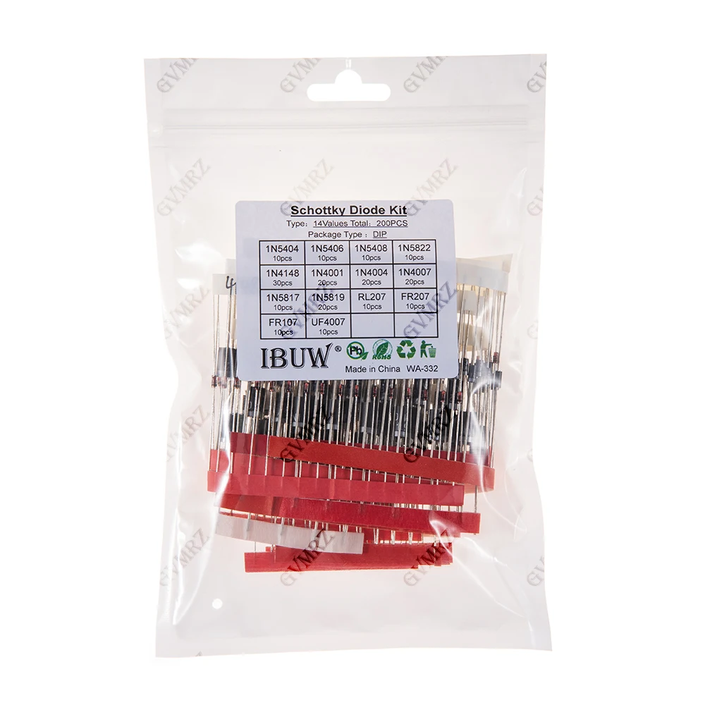 200PCS 14Values DIP Diode Kit 1N4148 1N4007 1N5404 for Electronics Projects 1N4007 1N5404