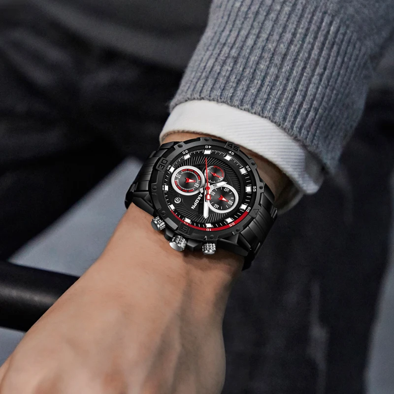 ساعات رجالية فاخرة جميع الصلب الأعمال ساعة كوارتز مقاوم للماء الأعمال الرياضة كرونوغراف ساعة مضيئة للرجال Relogio العسكرية