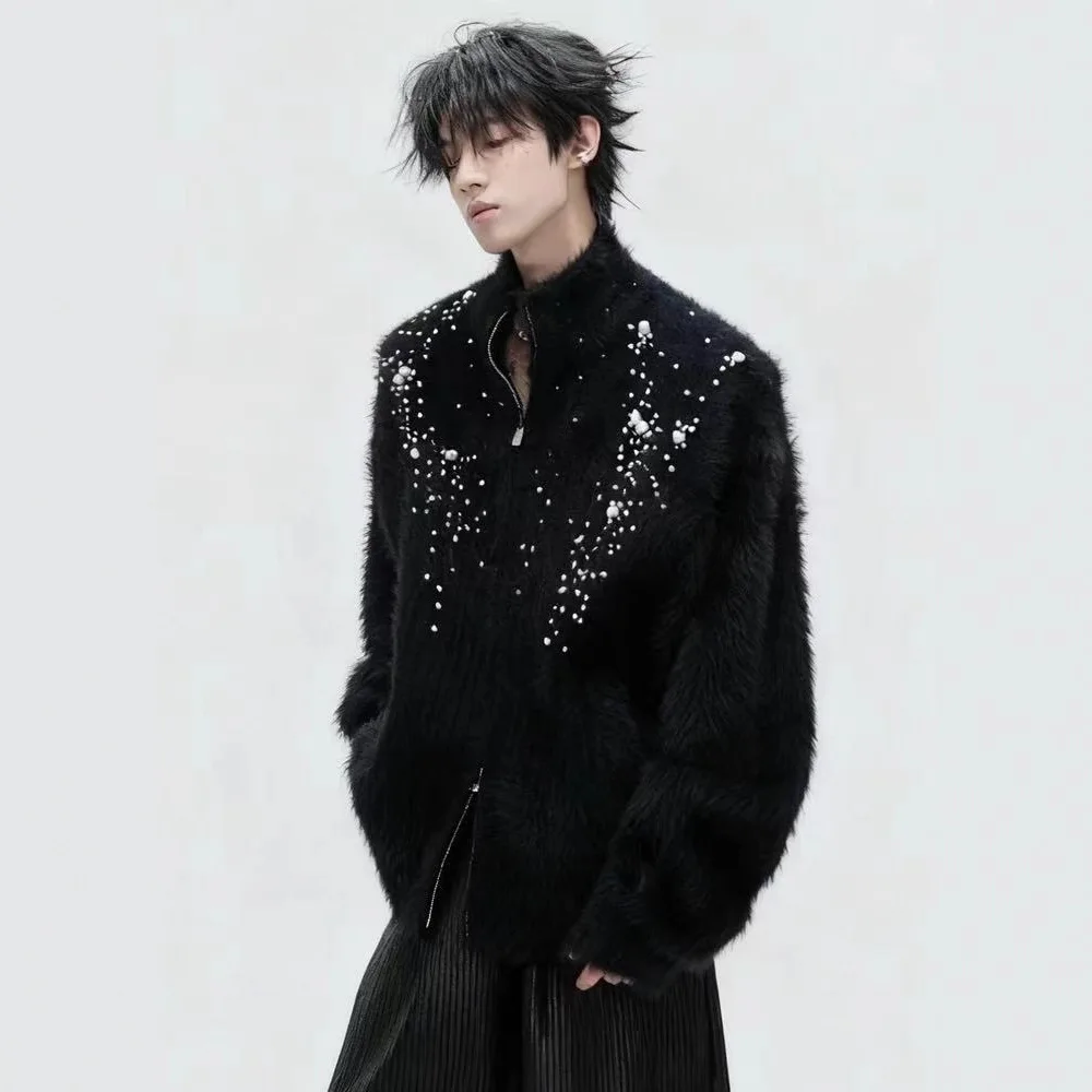 25S Thirteen Lines High-Quality Shadowy High-Neck Plush Pearl Embellished Sweater Cardigan Elegant Thick Knitted Sweater