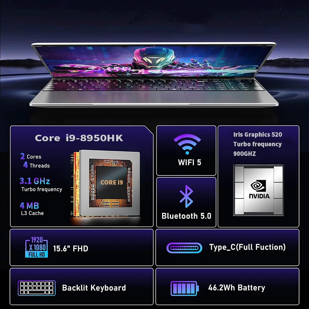 كمبيوتر محمول 15.6 بوصة يعمل بنظام التشغيل Windows 11 Core i9-8950HK PC Gamer 16GB RAM بصمة فتح أجهزة الكمبيوتر المحمولة المحمولة المحمولة الخلفية دراسة الكمبيوتر #3