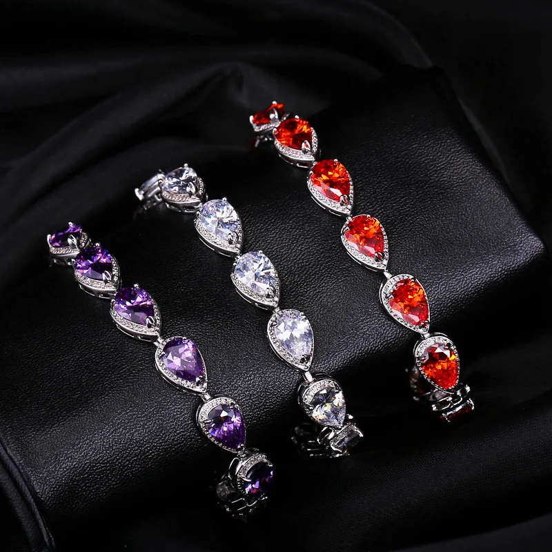 BeaQueen Top Quality CZ Natural Stone Beads Hand Jewelry Pear Cut Purple Austrian Crystal Connected Bracelets for Women B034