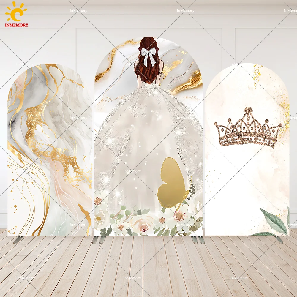 

Gold Marble Quinceanera Dress Sweet 15th Birthday Arch Backdrop Wall Crown Princes Girls Arched Cover Party Decor Background