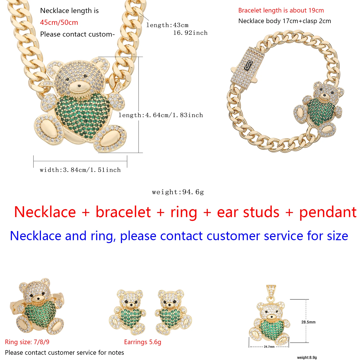 Green Love Bear Jewelry Cute Forest Animals Teddy Bear Jewelry Rings Girls Gifts Green Jewelry