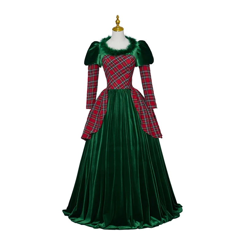 Christmas Vintage Medieval Costume  Green Red  Plaid Long Dress Halloween Party Ball Gown