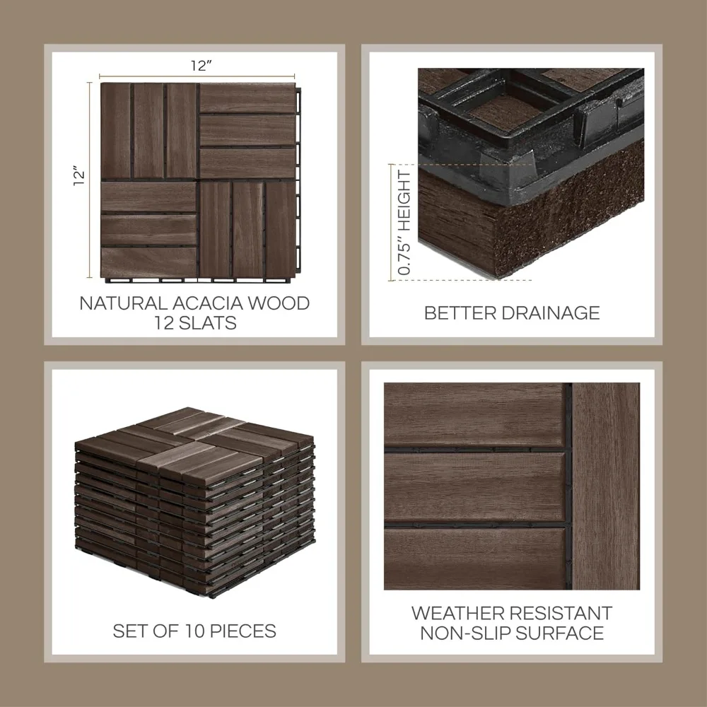 10 Pcs Interlocking Deck Tiles, 12x12x0.9
