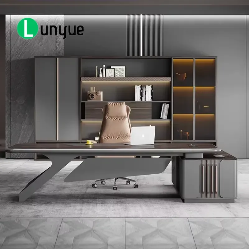 Modern Luxury Walnut Veneer L Shaped Executive Desk With Side Cabinet Combination Lock For Manager Office Furniture