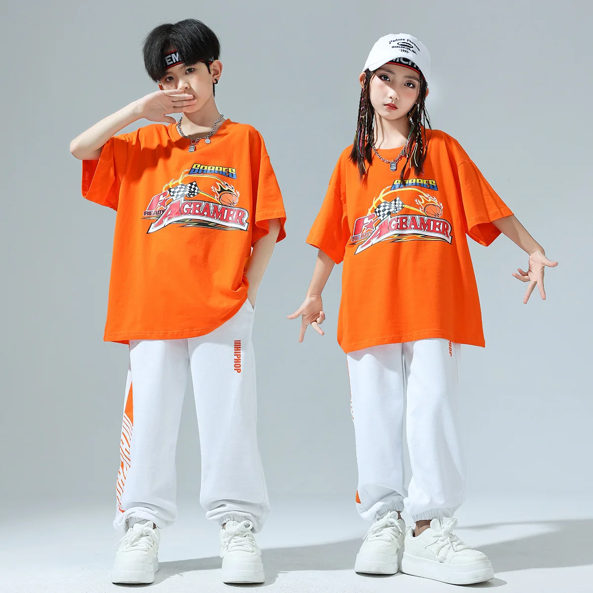 

Kid Hip Hop Clothing Orange Graphic Tee T Shirt Top White Casual Jogger Sweat Pants for Girl Boy Jazz Dance Wear Costume Clothes