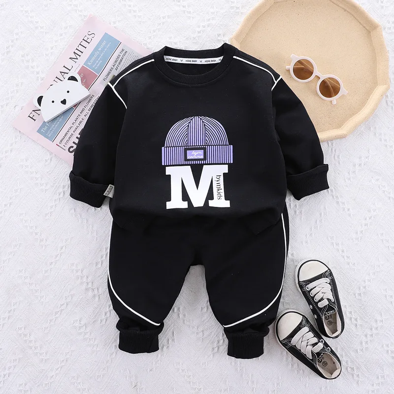 

Spring Autumn Baby Boy Clothes 1 To 2 Years Letter Printed Black Long Sleeve T-shirts and Pants Toddler Boys Outfits Kids Set