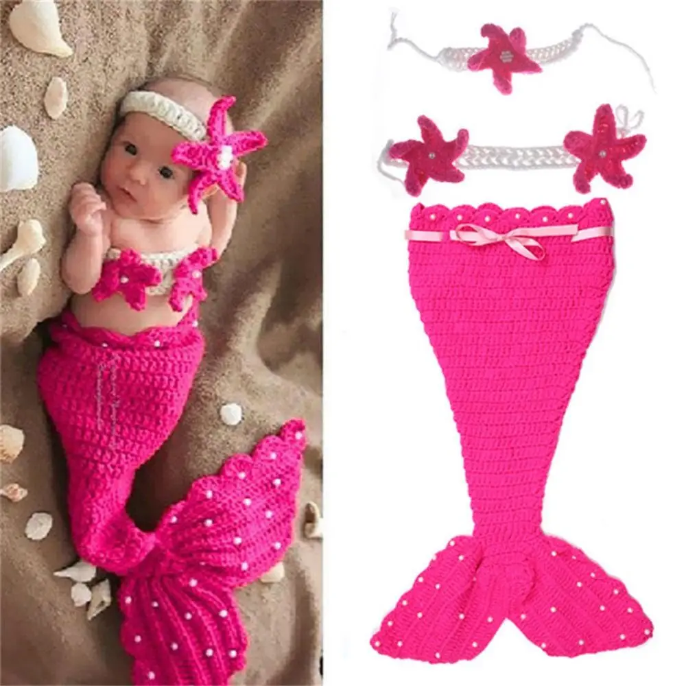 3pcs/Set Creative Baby Mermaid Costume Set Soft Handmade Newborn Photography Props Washable Hair Band Infant Knitted Costume