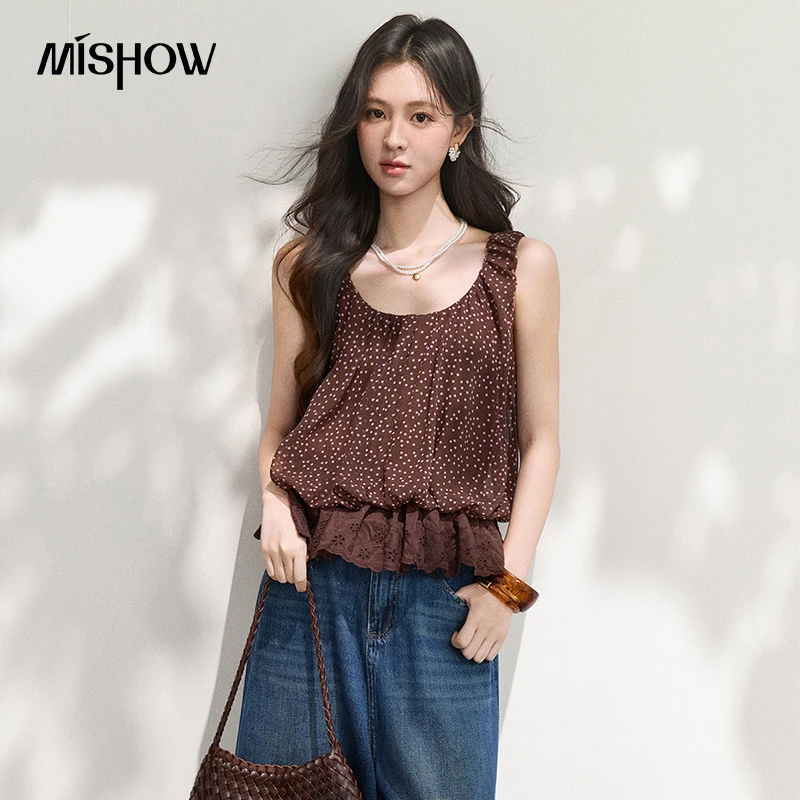 

MISHOW Polka Dot Flower Bud Blouse Women 2026 Summer New Fashion French Retro Lace Patchwork Hem Casual Chiffon Top MXF26T1679