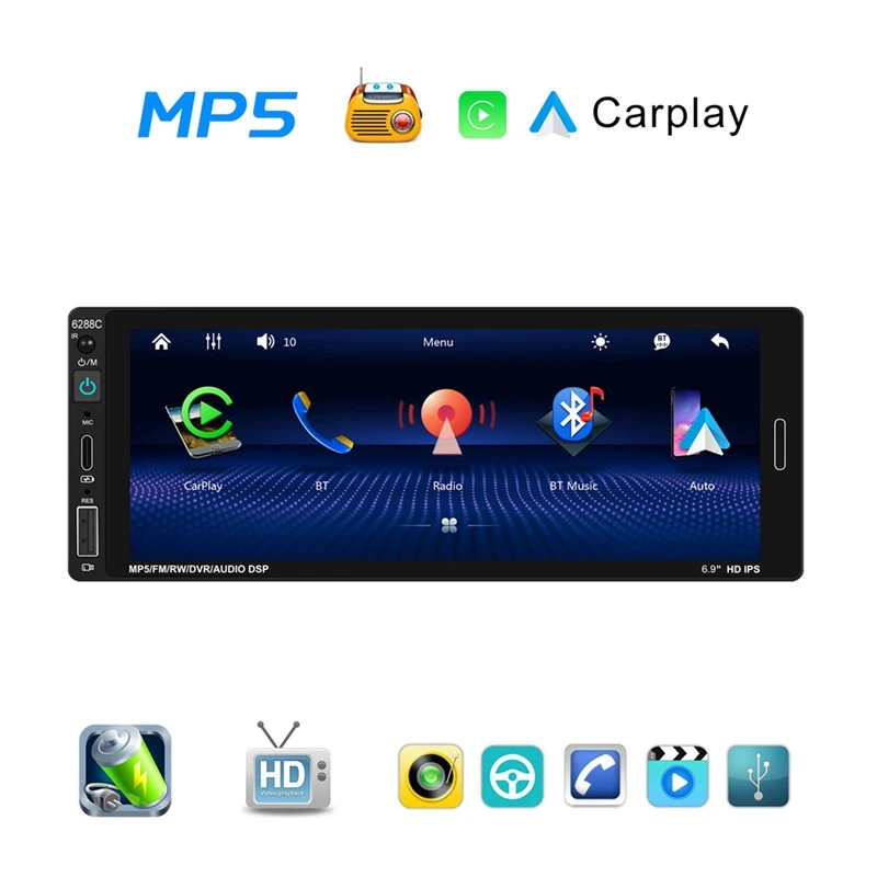 Black Player 6.9Inch Wired Carplay Android Auto Car Radio, Bluetooth FM USB Type-C Charging