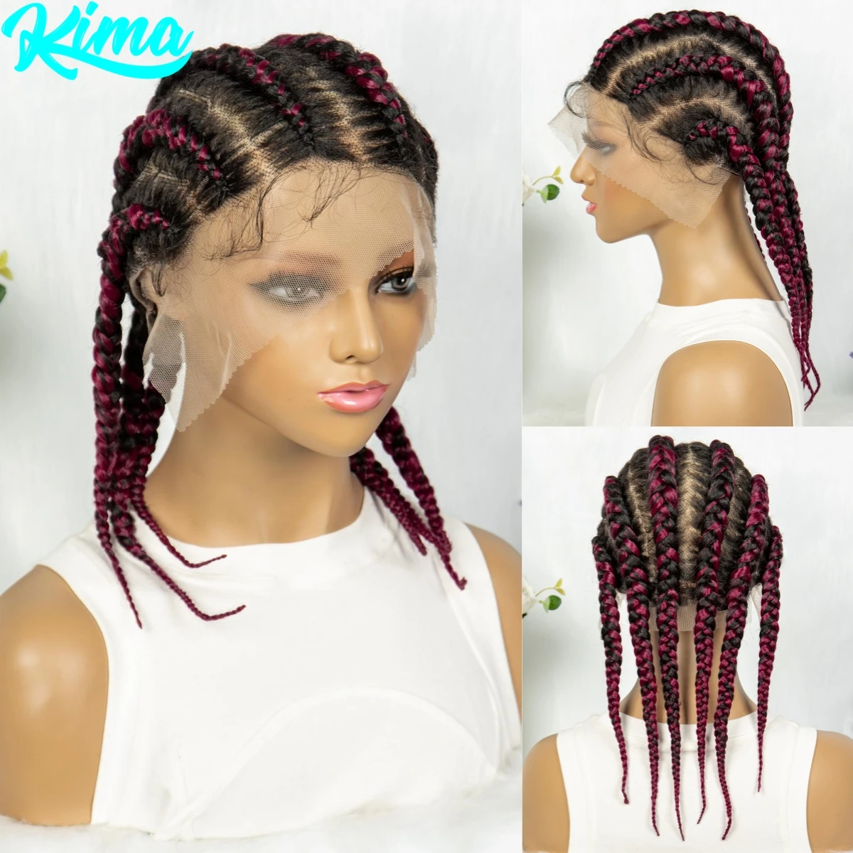 Short Cute Burgundy Cornrow Braided Wigs Synthetic Full Lace Braided Lace Wigs Lace Frontal Knotless Braids Wig for Black Women