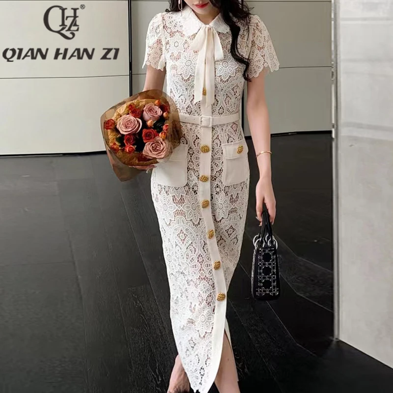 

QHZ designer fashion lace dresses for women 2023 summer Retro bow Embroidered hollow-out Buttons belt Slimm White Elegant Dress