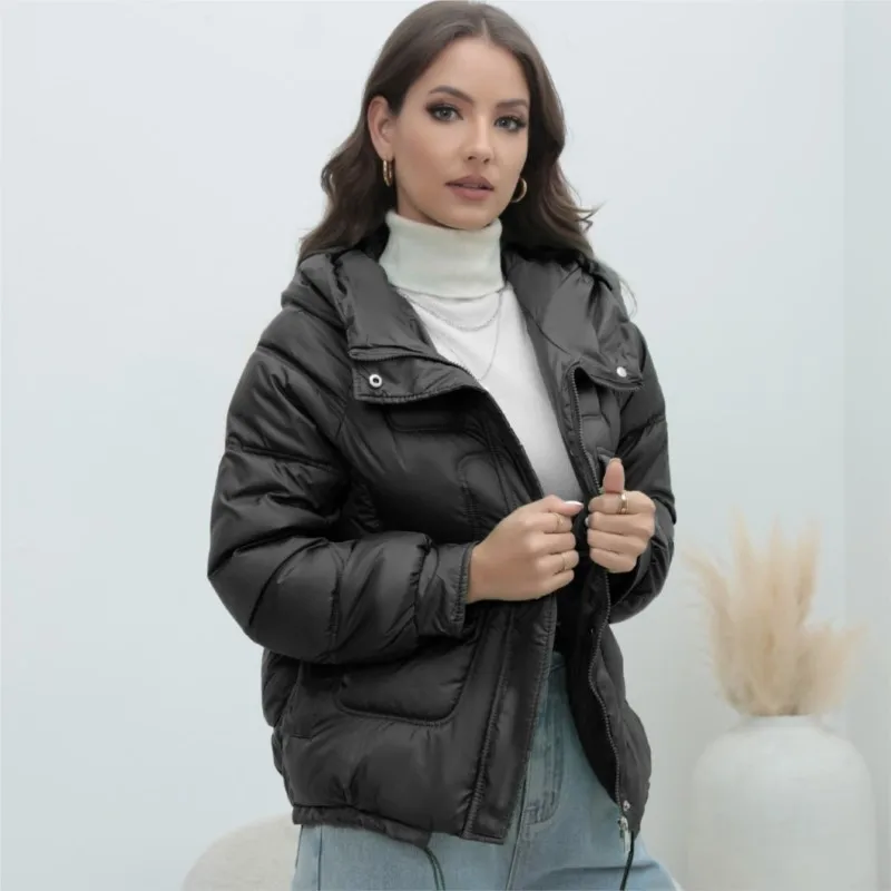 Fashion Solid Color Cotton Padded Jacket Women Winter New Stand Collar Pocket Warm Short Cotton Jacket Coat Trendy Streetwear