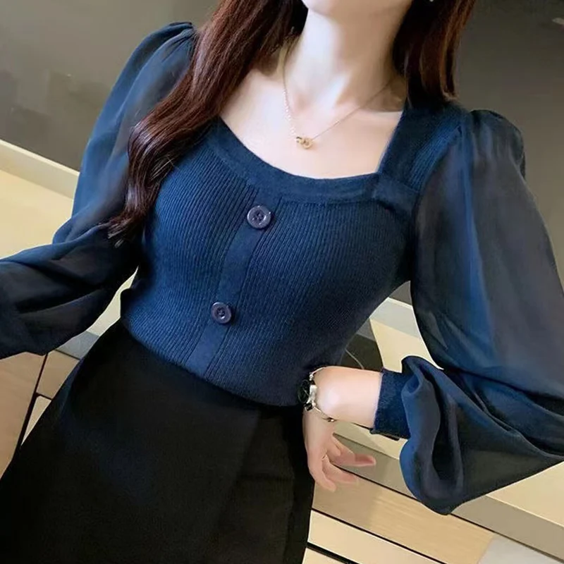 Women\'s Square Collar Solid Color Shirt Spring Autumn Knitted Patchwork Button Chiffion Long Sleeve Pullover Office Lady Blouse