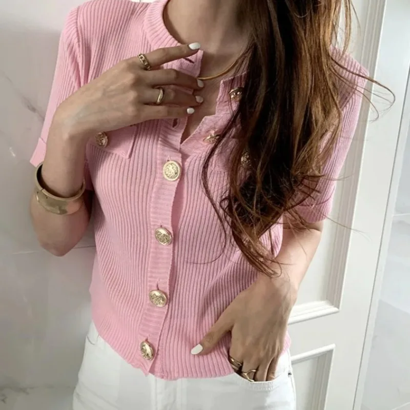 봄 가을 여성용 신상 우아한 라운드넥 반팔 셔츠 심플 패션 싱글 버튼 니트 가디건 코트