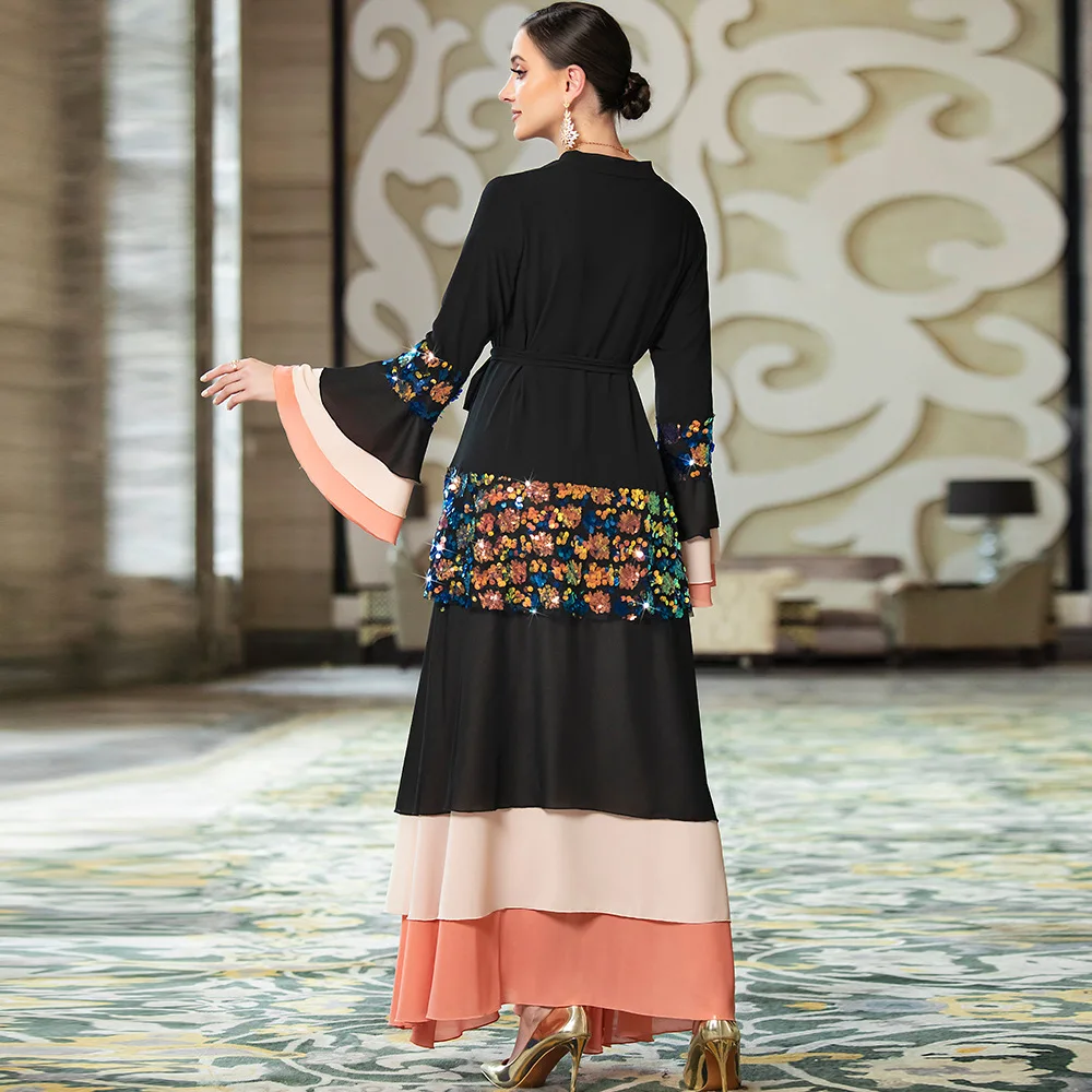 Mew Kimono ouvert Abaya paillettes Cardigan femmes musulmanes ceinture Robe dubaï turquie caftan Eid Ramadan Jalabiya Robe à volants Abayas Robe