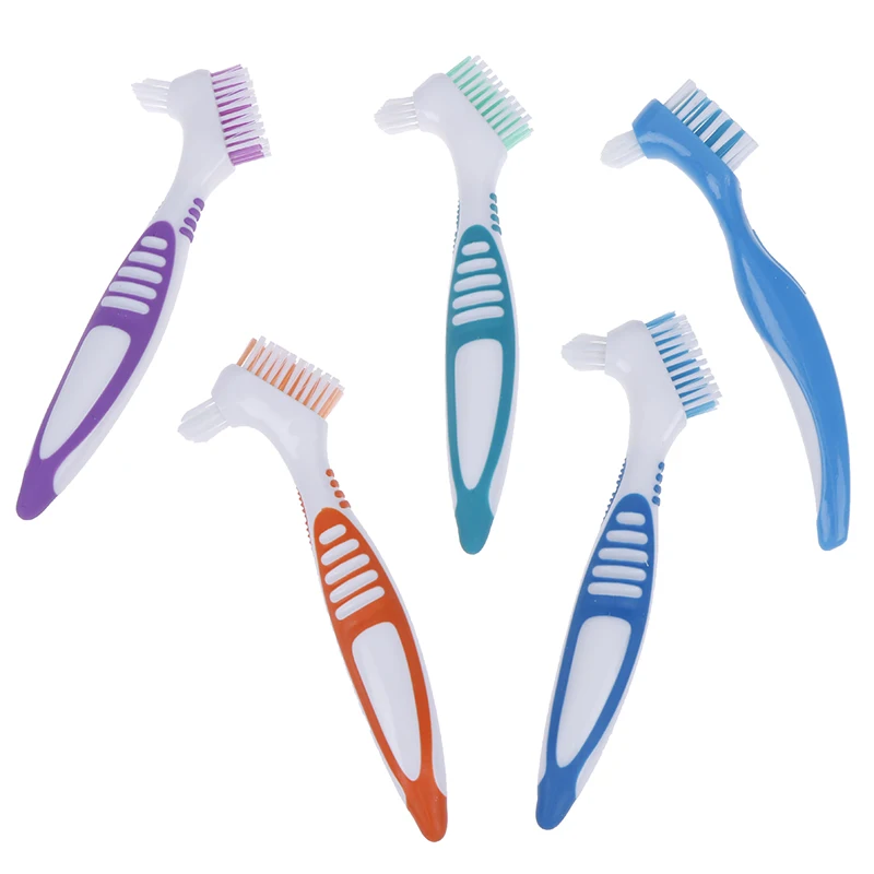 1Pcs Multi-Layered Bristles Denture Cleaning False Teeth Brush Oral Care Non-slip Ergonomic Rubber Handle Dual Heads