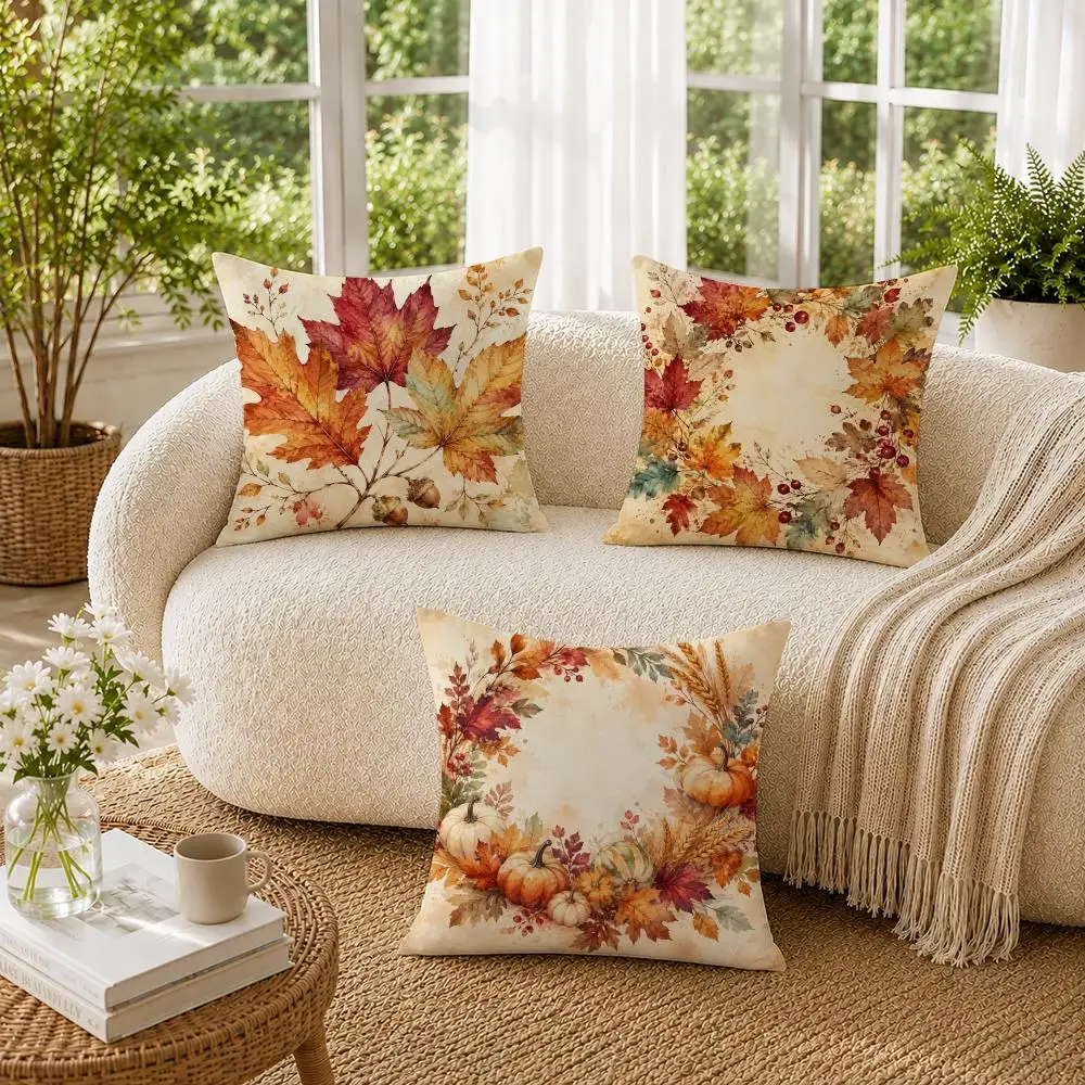 Autumn Leaves Thanksgiving Cushion Cover Double-Sided Plush Sofa Cushion Covers Organic Breathable Invisible Zipper