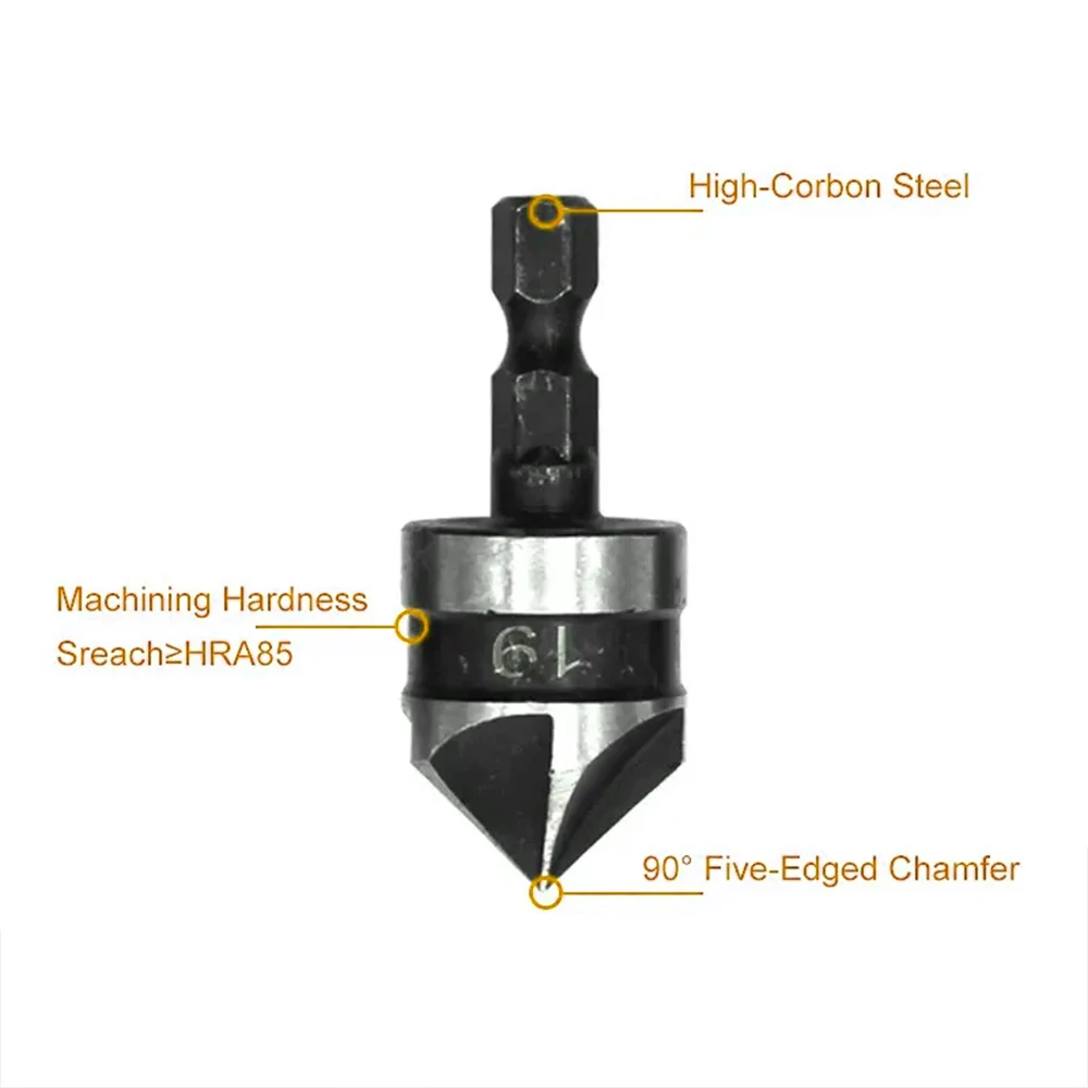 KATWAY 3PC 90 Degree Hexagonal Shank Chamferer Five Blade Countersink Drill 12/16/19mm Woodworking Hole Opener Tool Set HH-AA141