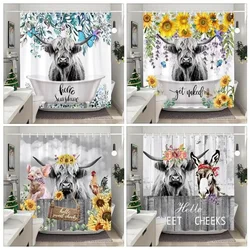 Funny Highland Cow In Bathtub Shower Curtain Green Plants Eucalyptus Leaves Sunflower Lavender Shower Curtains Bathroom Decor