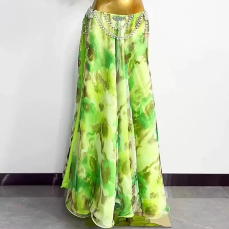 customized belly dance performance costume women oriental print chiffon pearl flower hot stamping bra double slit long skirt set